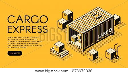 Cargo Container Logistics Illustration Of Warehouse With Parcel Boxes Unload On Pallet For Express D