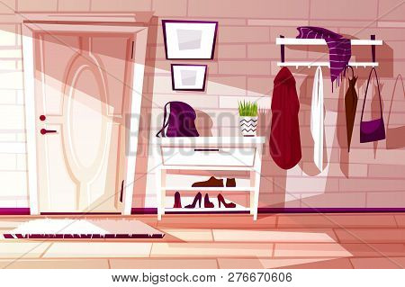 Cartoon Home Interior, Hallway With Furniture - Shelf, Rack And Hangers With Clothes. Cozy Antechamb