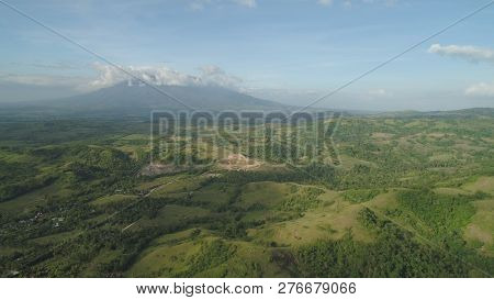 Aerial View Of Mountain Valley With Hillscovered Forest, Trees, Mount Iriga. Luzon, Philippines. Slo