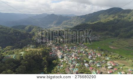Aerial View Town Of Sagada, Located In The Mountainous Province Of Philippines. City In The Valley A