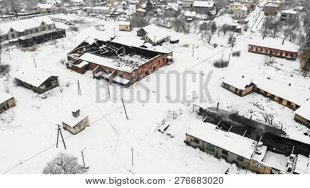 Aerial View Of Fire Destroyed Factory, Winter Time. Salt Making Factory In Drohobych, Ukraine. Drone