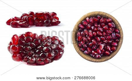Set Of Pomegranate Seeds. Pomegranate Isolated On White Background. Sweet And Juicy Garnet With Copy