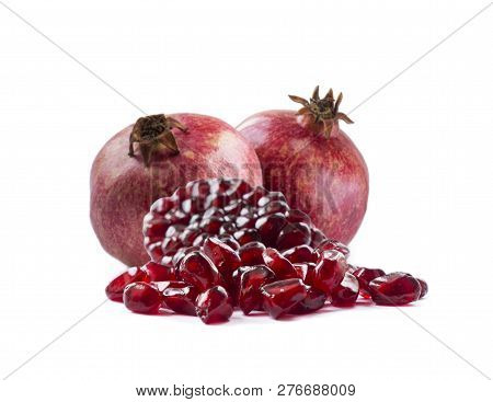 Pomegranate Isolated On White Background. Sweet And Juicy Garnet With Copy Space For Text. Garnets I