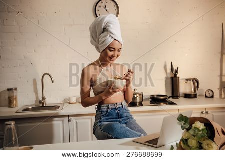 Beautiful Happy Asian Girl In Lace Bralette And Towel On Head Eating Corn Flakes For Breakfast And U