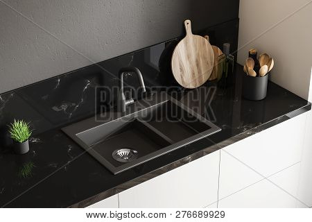 Black Marble Kitchen Sink, Top View
