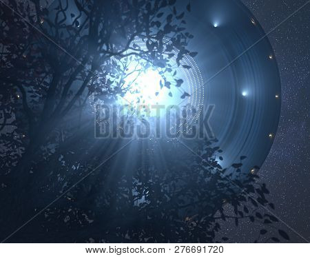 Unidentified Flying Object - Ufo, Flying Over The Trees. Concept Of Alien Abduction. 3d Illustration