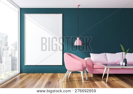 Loft Blue Living Room With Poster