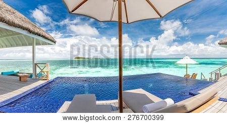 Private Oceanfront Pool With Submerged Loungers In A Luxury Resort In Maldives, Indian Ocean. Luxury