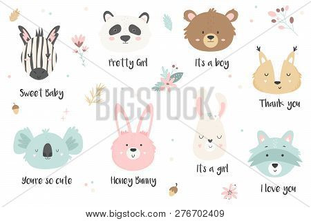 Big Set Of Hand Drawn Cute Animals Ant Text. Zebra, Panda, Bear, Koala, Rabbit, Llama, Raccoon, Squi
