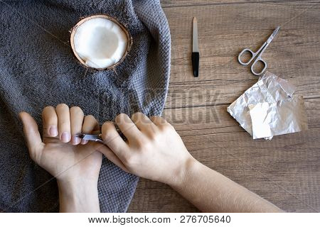 Hand Care, Folk Hand Care. Manicure With Coconut Oil, Manicure Tools: Scissors, Nail File. Foil For 