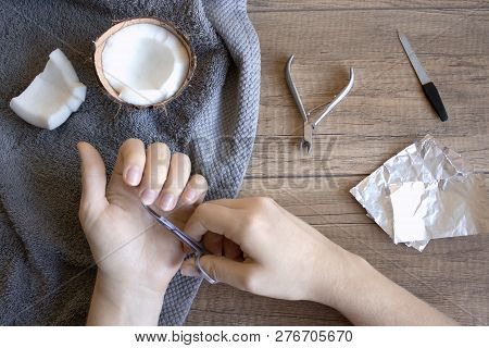 Hand Care, Folk Hand Care. Manicure With Coconut Oil, Manicure Tools: Scissors, Nail File. Foil For 