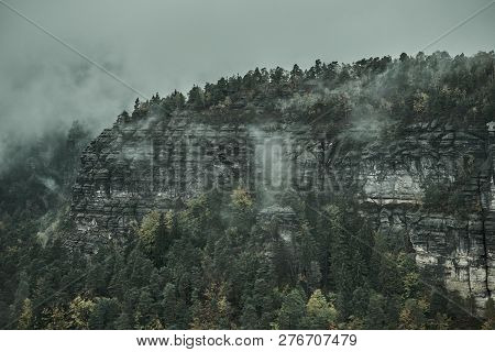Misty Rainy Morning Landscape With The Sand Rocky Montains In Bohemian Saxon Switzerland In Autumn C