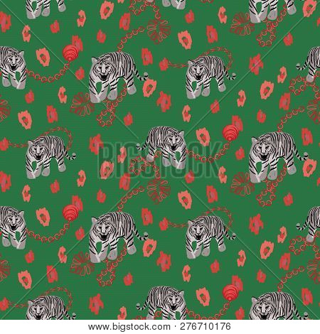Tiger And Chain Green Red Pattern Fashion Jungle Wild Vector Design. Jewelry Pendants Accessories Se