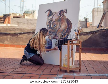 Young Woman Paint Artist Drawing At Home Roof