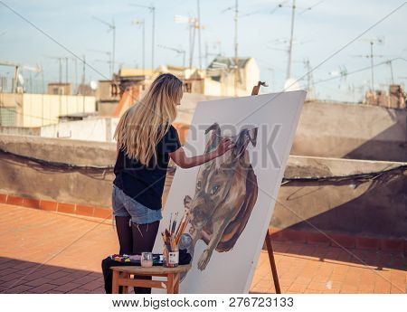 Young Woman Paint Artist Drawing At Home Roof
