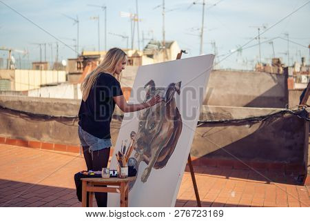 Young Woman Paint Artist Drawing At Home Roof
