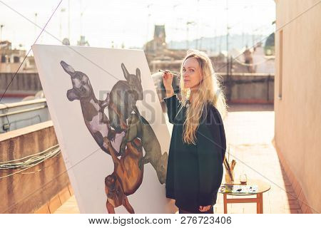 Young Woman Paint Artist Drawing At Home Roof