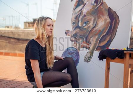 Young Woman Paint Artist Drawing At Home Roof