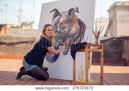 Young Woman Paint Artist Drawing At Home Roof