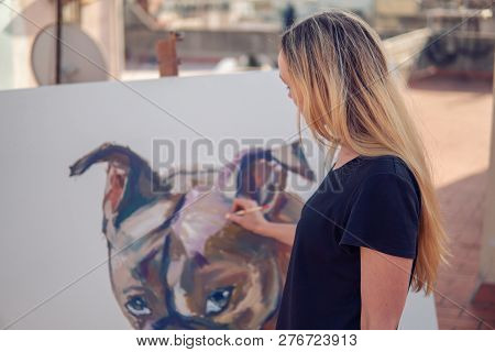 Young Woman Paint Artist Drawing At Home Roof