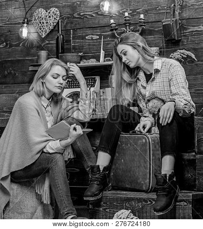 Mother Reading To Child. Woman With Concentrated Face Absorbed By Interesting Book. Teenage Girl Spe