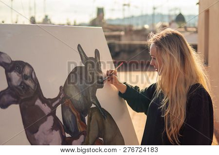 Young Woman Paint Artist Drawing At Home Roof