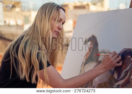 Young Woman Paint Artist Drawing At Home Roof