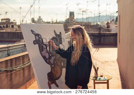 Young Woman Paint Artist Drawing At Home Roof