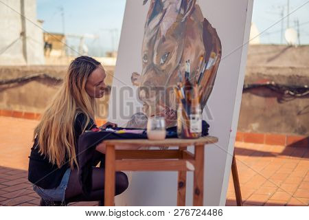 Young Woman Paint Artist Drawing At Home Roof