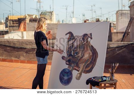 Young Woman Paint Artist Drawing At Home Roof