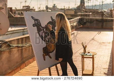 Young Woman Paint Artist Drawing At Home Roof