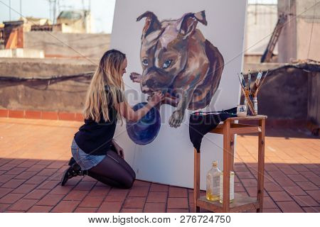 Young Woman Paint Artist Drawing At Home Roof