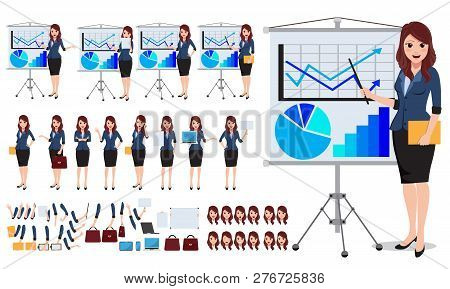 Female Business Character Vector Set. Office Woman Talking And Showing Business Presentaion Chart In