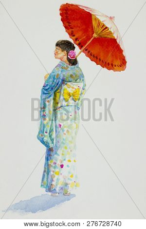Asian Woman In Kyoto Japan - Maiko Geisha  Wearing Japanese Traditional Kimono With Umbrella. Painti