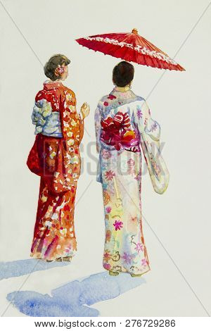 Asian Woman In Kyoto Japan - Maiko Geisha  Wearing Japanese Traditional Kimono With Red Umbrella. Pa
