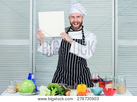 Ultimate Cooking Guide For Beginners. Book Family Recipes Copy Space. According To Recipe. Man Beard