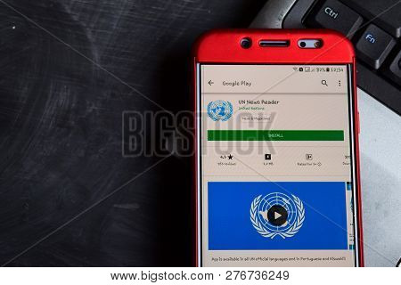 Bekasi, West Java, Indonesia. January 4, 2019 : Un News Reader Dev App On Smartphone Screen. Un News