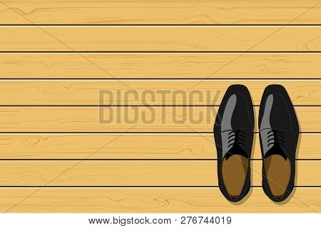 Top View Of Black Leather Men Shoes On Wooden Background, Vector Illustration
