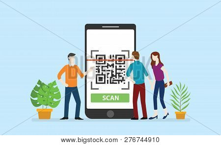 Qrcode Technology Scan With Office Team People Circle Around Big Smartphone Apps - Vector