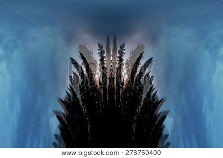 Scary Background With Ghost With Red Eyes In Dark Tones. Night Silhouette Of Creepy Monster In Shado
