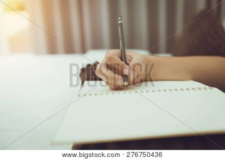 Student Hand Hold Pencil Writing Note Blank Book Vintage Colortone