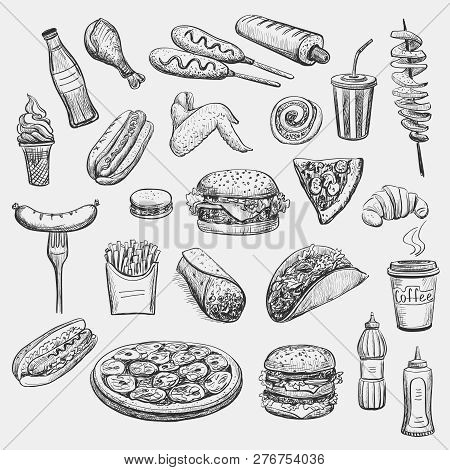 Collection Freehand Drawing Sketches On The Theme Of Food, Fast Food. Isolated Objects On A Light Ba
