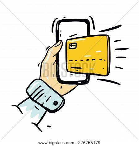 Mobile Payment Processing Concept. Smartphone With Credit Card On The Screen And Nfc Radio Wave Outs