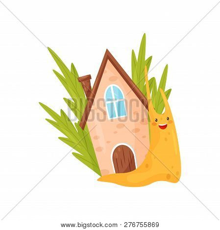 Snail With Cute Cozy House On Its Back, Funny Mollusk Cartoon Character Vector Illustration On A Whi