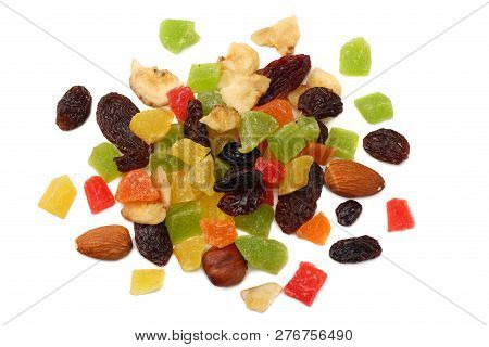 Candied Fruits Mix With Raisins, Almonds, Hazelnut. Muesli. Healthy Food. Fitness Food. Top View