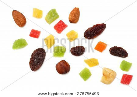 Candied Fruits Mix With Raisins, Almonds, Hazelnut. Muesli. Healthy Food. Fitness Food. Top View