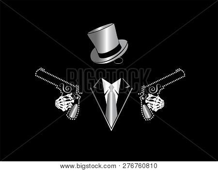 Cartel Skull Icon Wih Cylinder Hat Pistols Silver Color Background