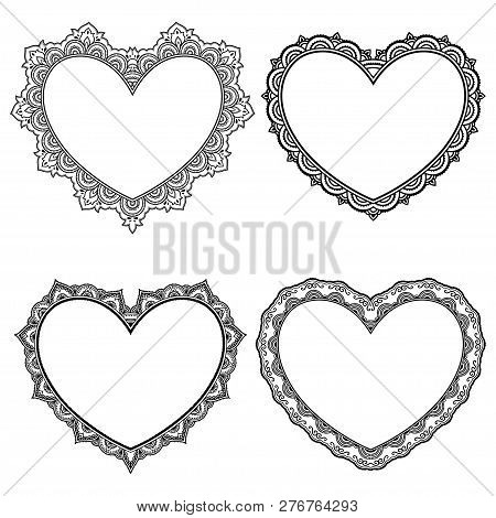 Set Paattern In Form Of Heart For Henna, Mehndi, Tattoo, Decoration - Frame. Decorative Ornament In