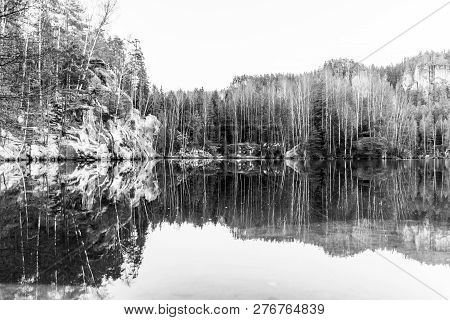 Natural Lake In Adrspach Rocks On Sunny Autumn Day. Adrspach-teplice Sandstone Rock Town, Czech Repu