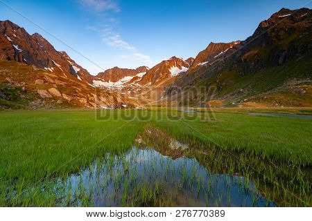 Beautiful Summer Mountains Landscape In Stubai Tyrol Alps Near New Regensburger Mountain Hut, Austri